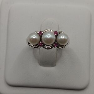 925 NATURAL PEARL & RUBY Gypsy Victorian Style Silver Ring SZ 6